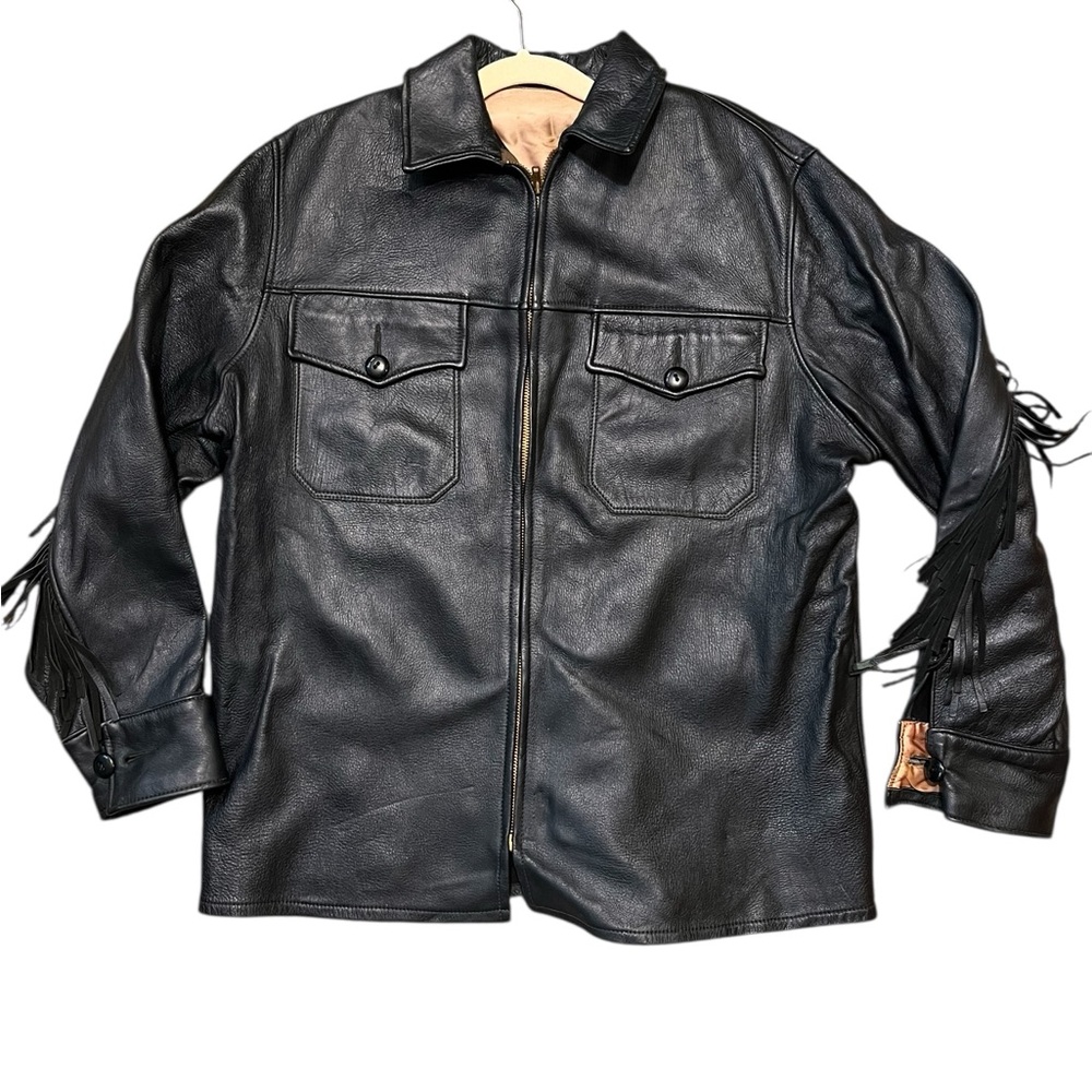 Vintage 70’s Black Leather Biker Shirt Jacket with Fringe